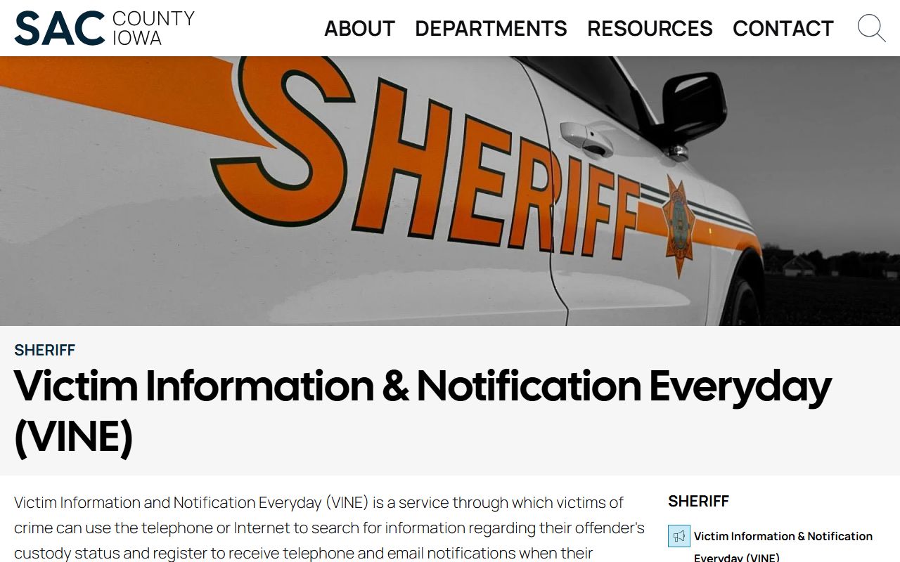 Sac County Jail inmate lookup VINE custody notice page