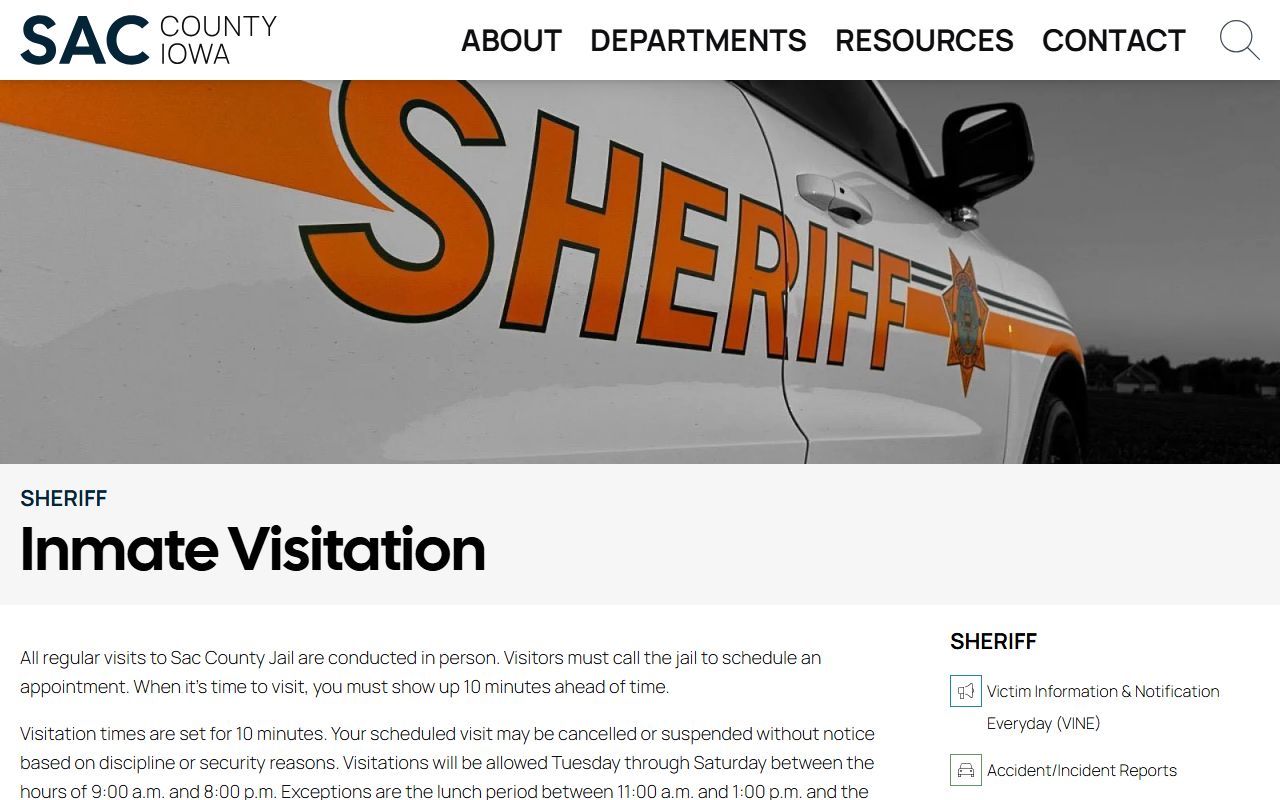 Sac County Jail visitation schedule and inmate visit rules